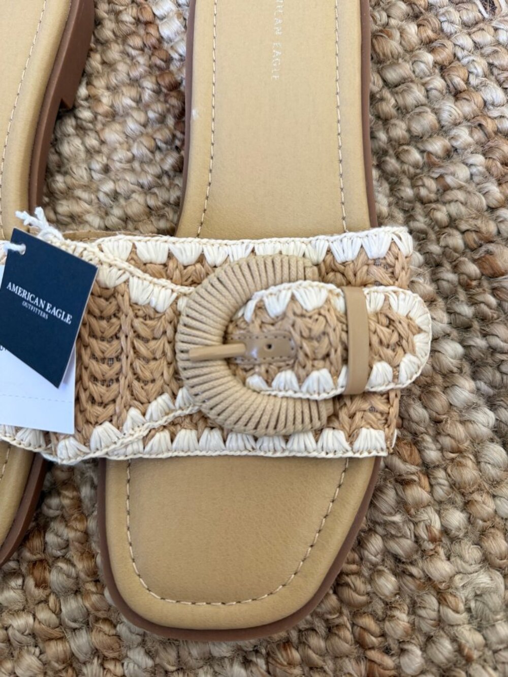 American Eagle Outfitters Raffia Buckle Slide Sandal NWT Natural Size 8